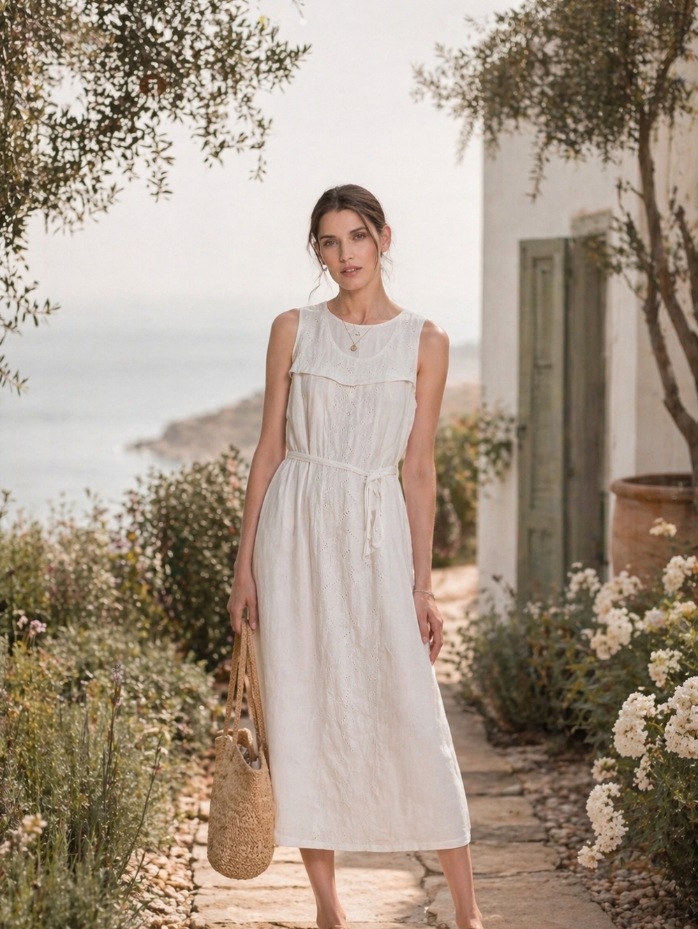 Women’s White Sleeveless Embroired Summer Dress